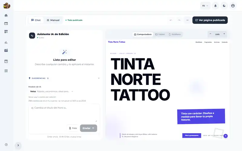 Grabación del editor de Paginasí: se escribe un pedido en el chat de IA y el título y el botón de la página cambian
