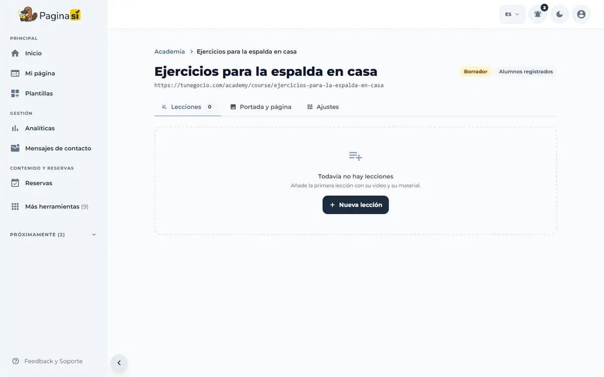 Captura de pantalla de Paginasí: Agregar lecciones con video