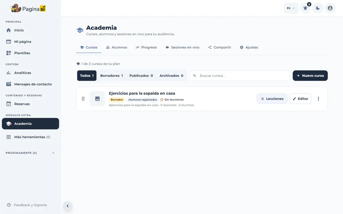 Captura de pantalla de Paginasí: Crear un curso