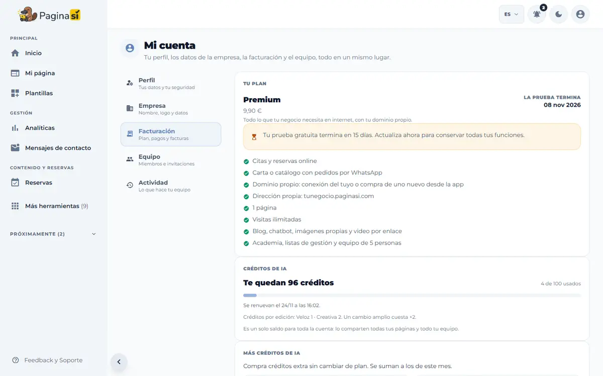 Captura de pantalla de Paginasí: Cancelar tu plan