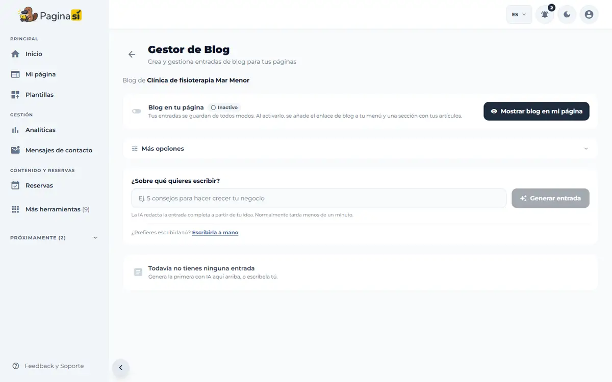 Captura de pantalla de Paginasí: Mostrar el blog en tu página