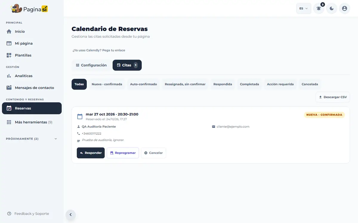 Captura de pantalla de Paginasí: Ver y mover tus citas