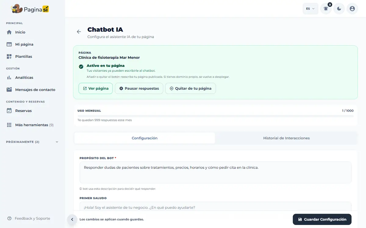 Captura de pantalla de Paginasí: Configurar el chatbot