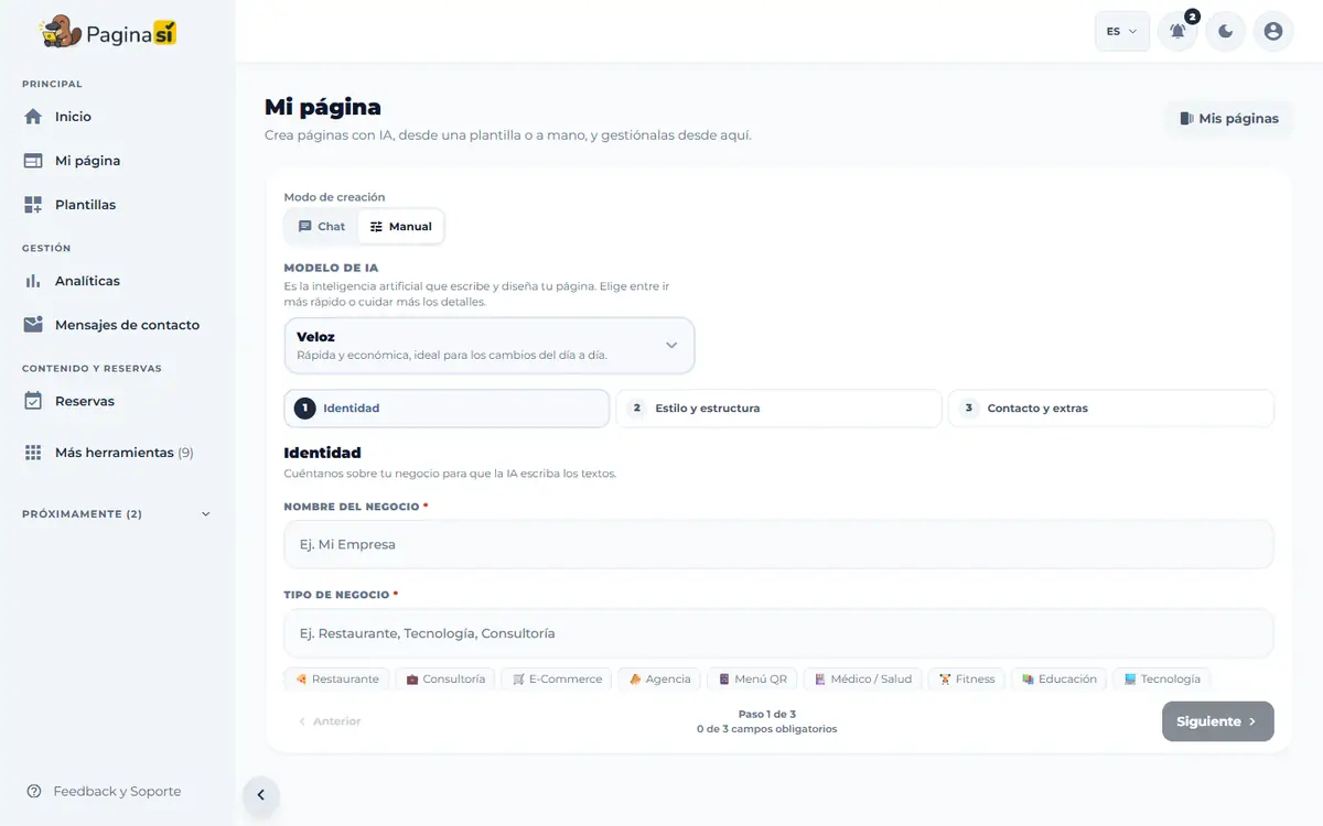 Captura de pantalla de Paginasí: Crear una página desde tu cuenta