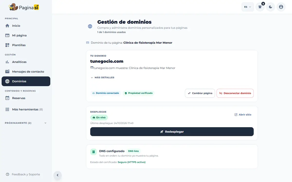 Captura de pantalla de Paginasí: Abrir la pantalla de dominios