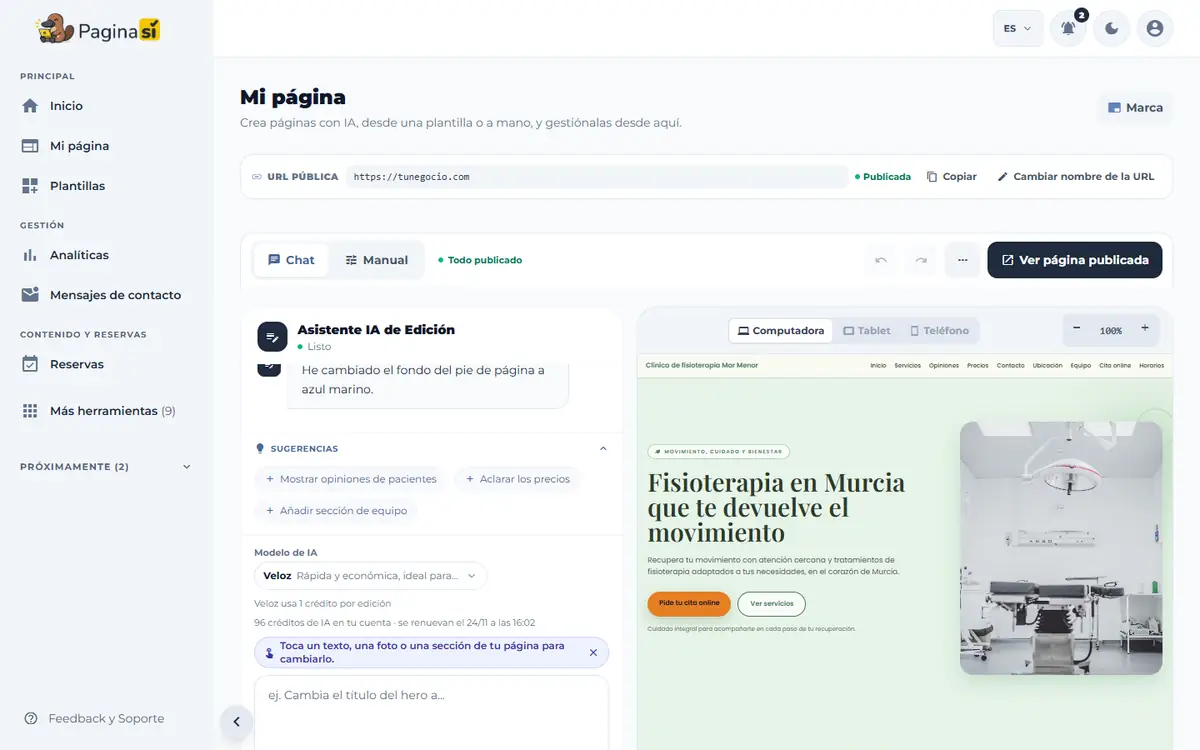 Captura de pantalla de Paginasí: Pedir cambios con el chat