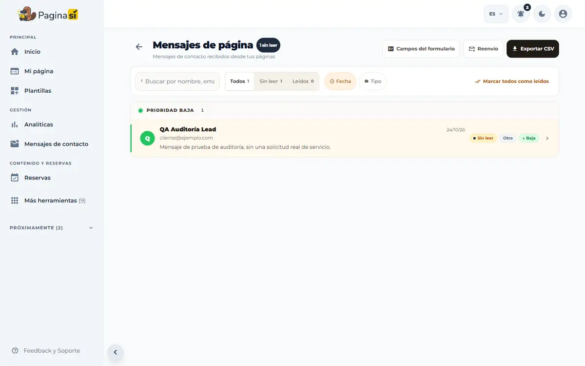 Captura de pantalla de Paginasí: Ver tus mensajes