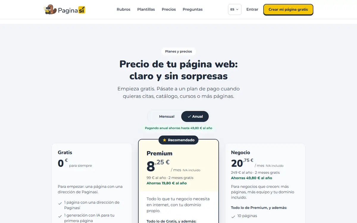 Captura de pantalla de Paginasí: Elegir o cambiar tu plan