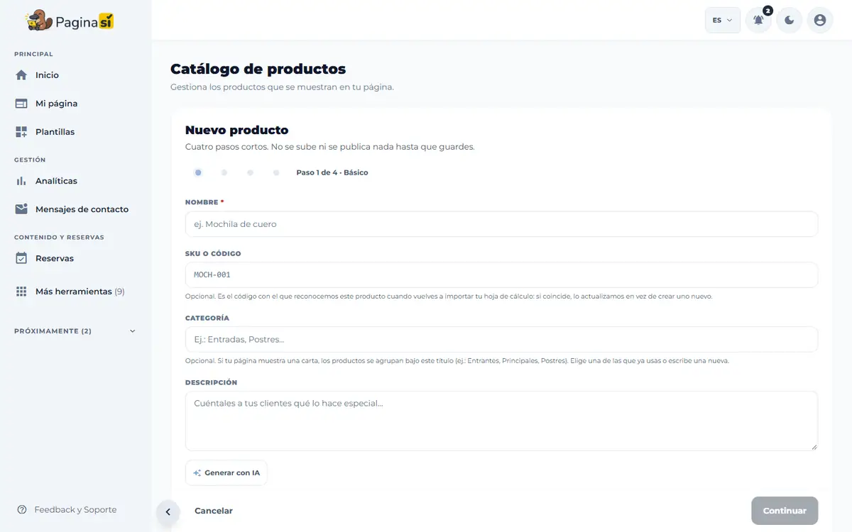Captura de pantalla de Paginasí: Crear un producto