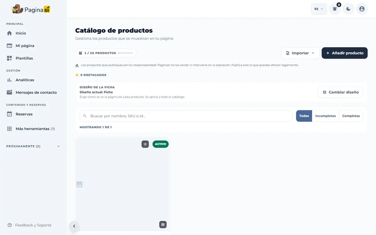 Captura de pantalla de Paginasí: Organizar tus productos