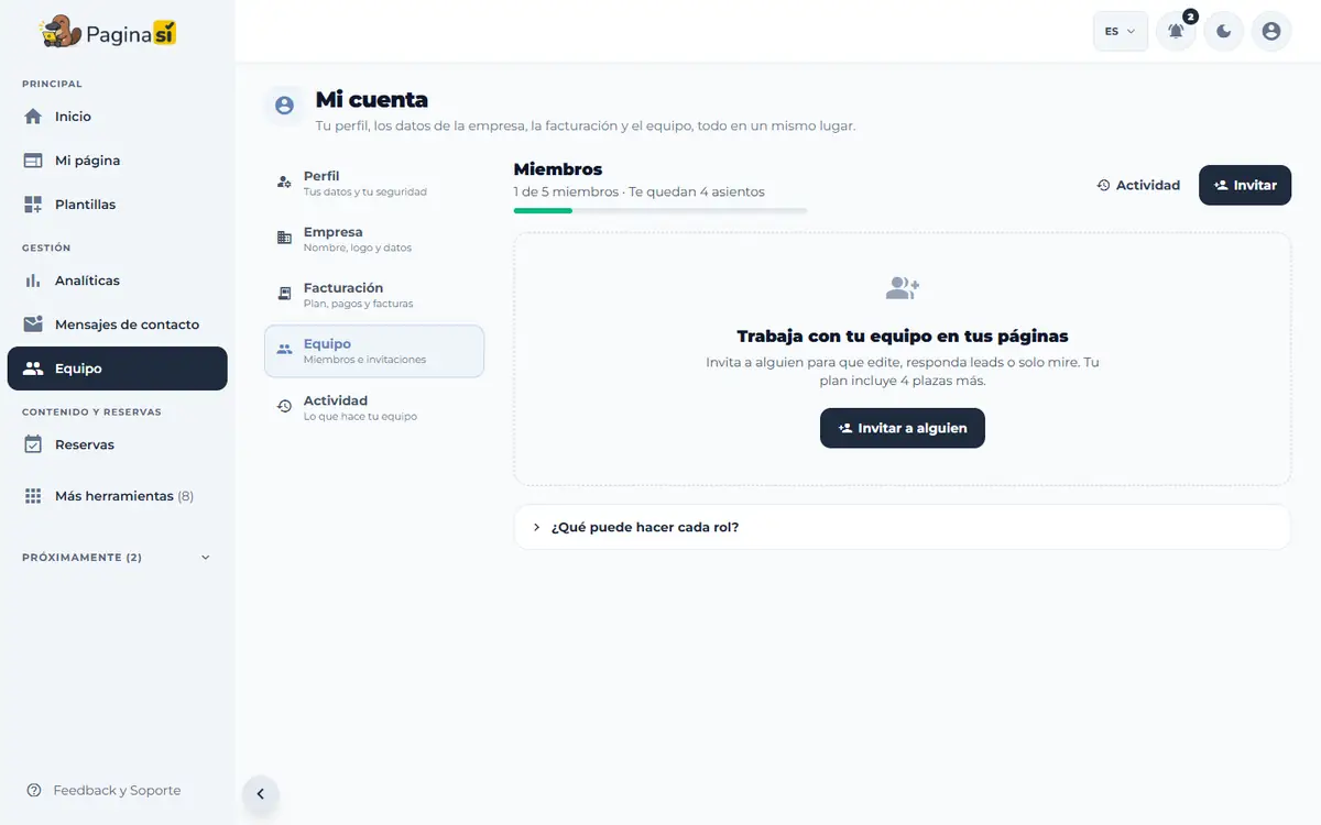 Captura de pantalla de Paginasí: Invitar a alguien