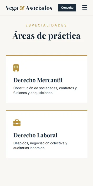 Sección de áreas de práctica de un despacho de abogados vista en un móvil