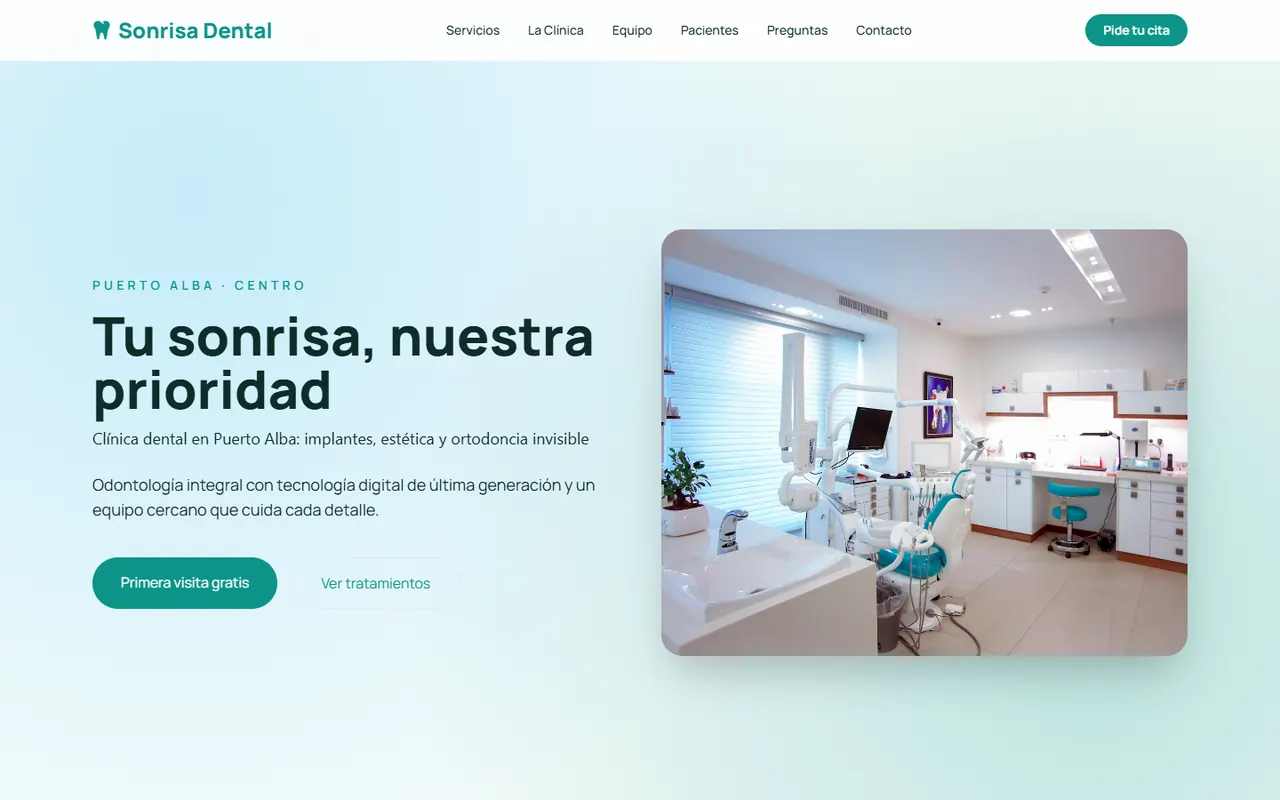 Portada de una página de ejemplo hecha con Paginasí para una clínica dental ficticia, con título, botón para pedir cita y foto del consultorio