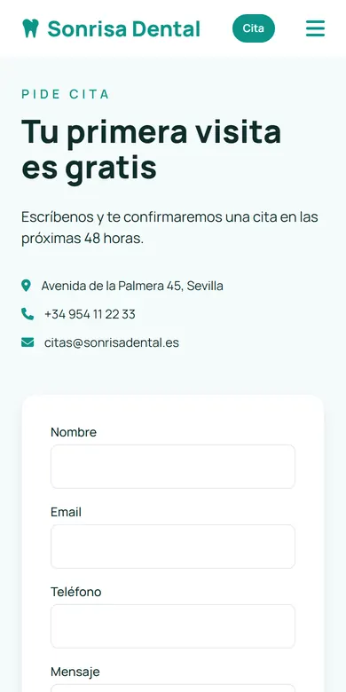 Sección para pedir cita de una clínica dental, con dirección, teléfono y formulario, vista en un móvil