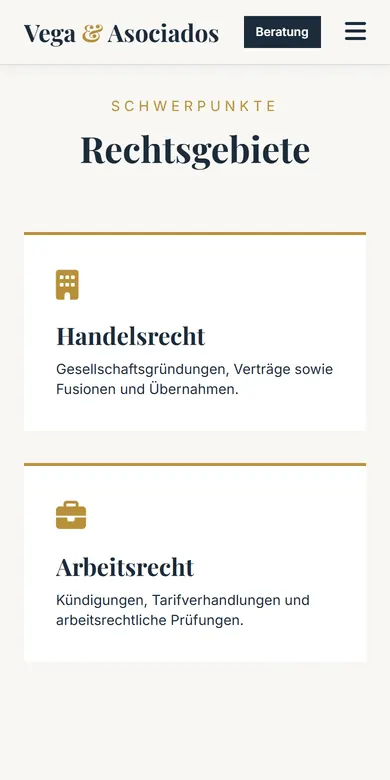 Bereich mit den Rechtsgebieten einer Anwaltskanzlei auf dem Handy