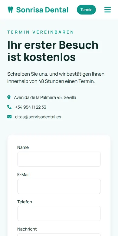 Terminbereich einer Zahnarztpraxis mit Adresse, Telefon und Formular auf dem Handy