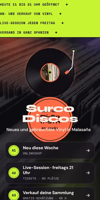 Beispiel-Linkseite eines Plattenladens auf dem Handy