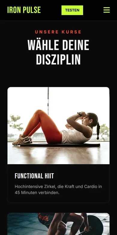Kursbereich eines Fitnessstudios mit Foto und Beschreibung jedes Kurses auf dem Handy