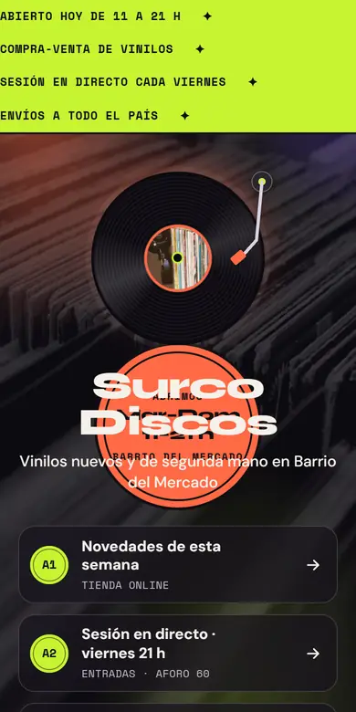 Página de enlaces de ejemplo de una tienda de discos vista en un teléfono
