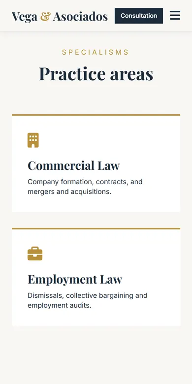 Practice areas section of a law firm seen on a phone