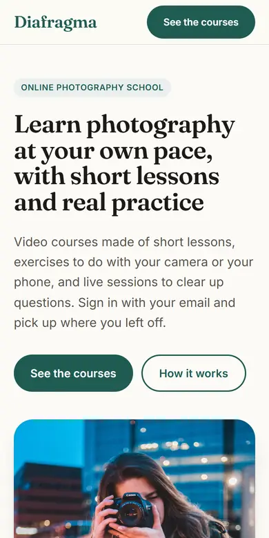 Example page of an online photography school seen on a phone
