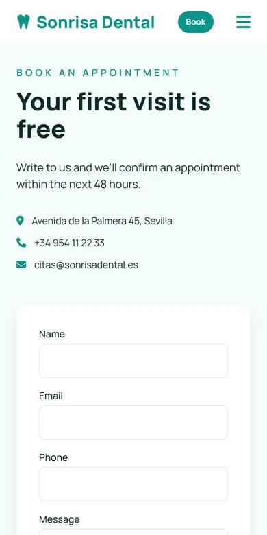 Appointment section of a dental practice, with address, phone and form, seen on a phone