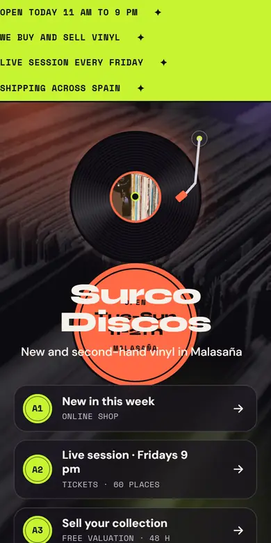 Example link page of a record shop seen on a phone