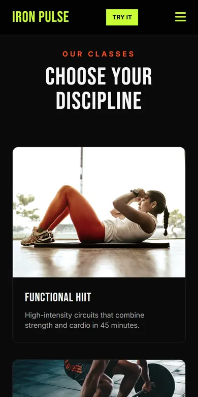 Classes section of a gym, with a photo and a description of each class, seen on a phone