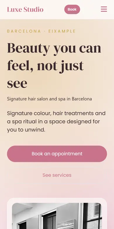 Example page of a hair salon seen on a phone