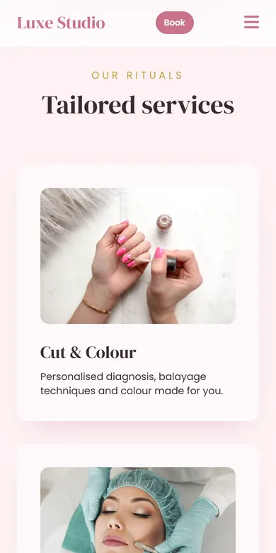 Services section of a hair salon, with a photo and a description of each service, seen on a phone