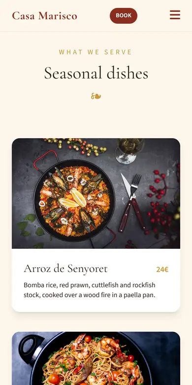 Seasonal dishes section with prices of a restaurant, seen on a phone