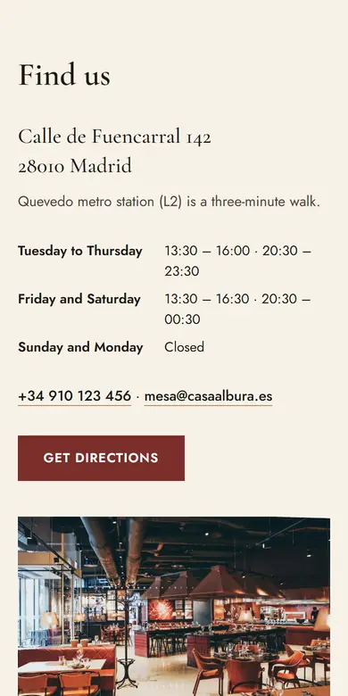 “Where to find us” section of a restaurant, with address, opening hours and phone, seen on a phone