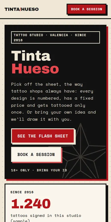 Example page of a tattoo studio seen on a phone
