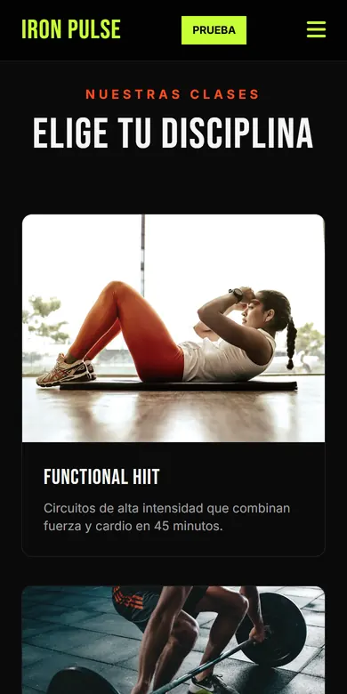 Sección de clases de un gimnasio, con foto y descripción de cada clase, vista en un móvil