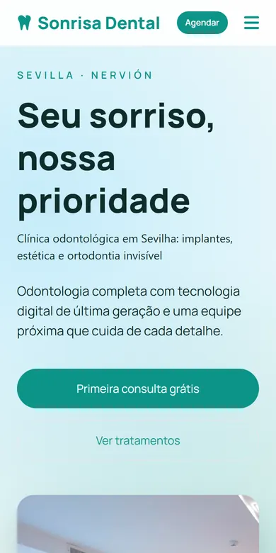 Página de exemplo de um consultório odontológico vista no celular