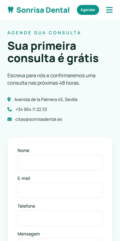 Seção para marcar consulta de um consultório odontológico, com endereço, telefone e formulário, vista no celular