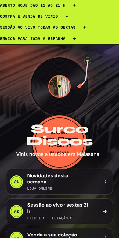 Página de links de exemplo de uma loja de discos vista no celular