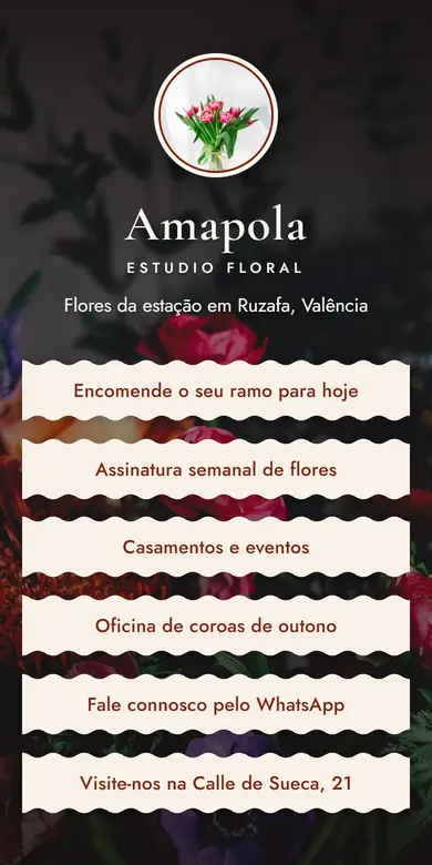 Página de links de exemplo de uma floricultura vista no celular