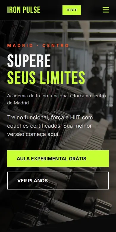 Página de exemplo de uma academia de ginástica vista no celular