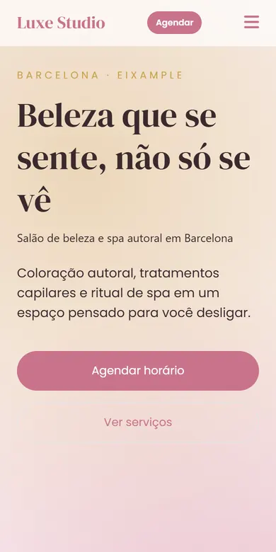 Página de exemplo de um salão de beleza vista no celular