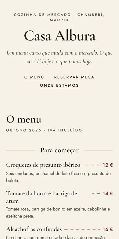 Página de exemplo de um restaurante com seu cardápio, vista no celular