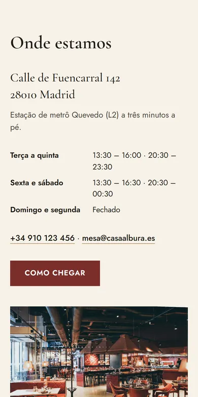 Seção «Onde estamos» de um restaurante, com endereço, horários e telefone, vista no celular