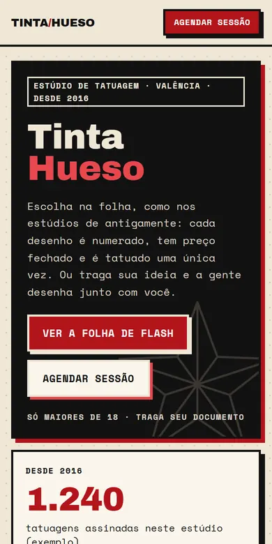 Página de exemplo de um estúdio de tatuagem vista no celular