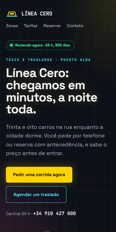 Página de exemplo de um serviço de táxi vista no celular