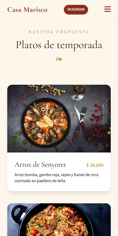 Sección de platos de temporada con precios de un restaurante, vista en un celular