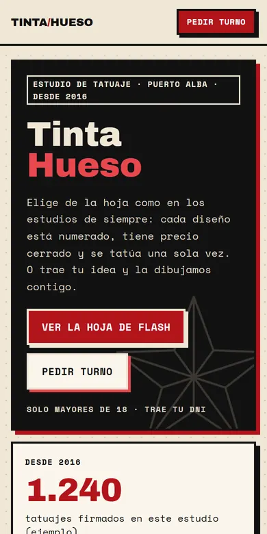 Página de ejemplo de un estudio de tatuajes vista en un teléfono