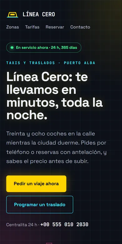 Página de ejemplo de un servicio de taxis vista en un teléfono